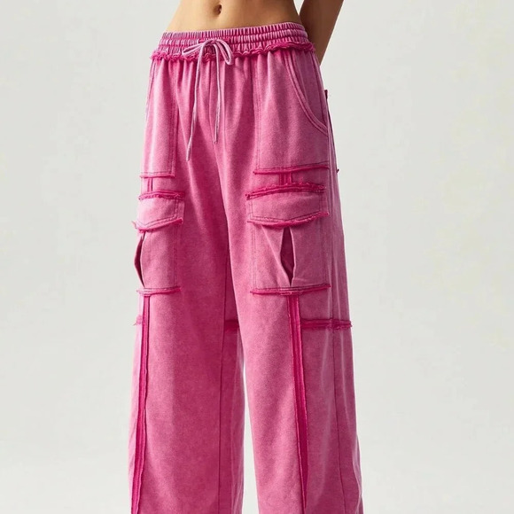 Hot Pink Casual Women's Vacation Knit Pocket Wide Leg Pants - Picture 2 of 8